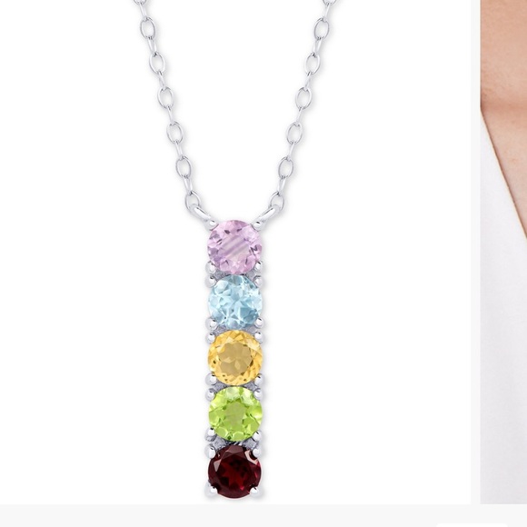 Multi-Gemstone Linear Pendant Necklace-
Sterling Silver-R.H. Macy & Co Brand New - Picture 1 of 14